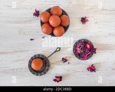 Indian traditional sweet Gulab Jamun, top view. Stock Photo