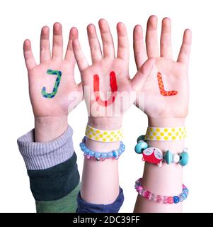 Children Hands Building Colorful Swedish Word Jul Means Christmas. White Isolated Background Stock Photo