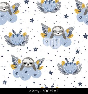 Cute nursery seamless pattern with sleeping sloth on a cloud with floral elements in Scandinavian style isolated on white background vector illustrati Stock Vector