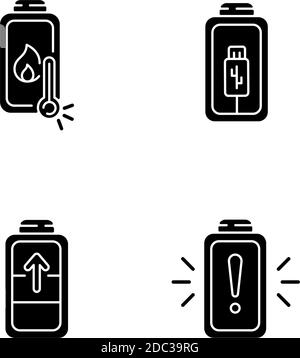 Battery cable charging process black glyph icons set on white space Stock Vector