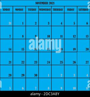 CALENDAR PLANNER NOVEMBER 2021 ON BLUE BACKGROUND DESIGNER CUT Stock Vector