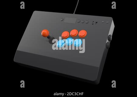 Vintage arcade stick with joystick and tournament-grade buttons isolated on black with clipping path. 3D rendering of gaming machine and gamer workspa Stock Photo