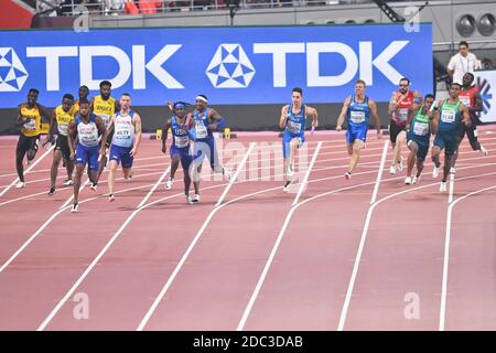 4x100 relay round 1: Jamaica, Great Britain, USA, Italy, Turkey, Brazil. IAAF World Athletics Championships, Doha 2019 Stock Photo