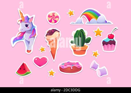 Cute stickers for girls cartoon unicorn, ice cream, rainbow and pink heart, watermelon slice, stars, cupcake and donut with marshmallow, candy and cactus in pot Cartoon vector illustration, icons set Stock Vector