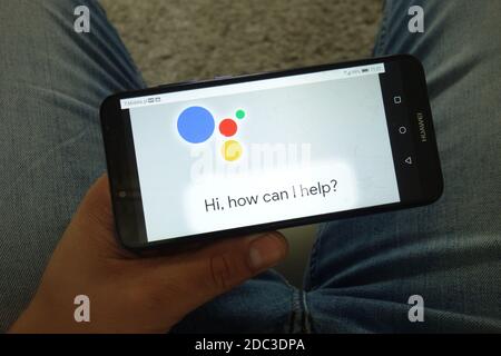 KONSKIE, POLAND - June 29, 2019: Google Assistant logo displayed on mobile phone Stock Photo