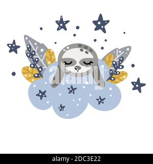 Cute nursery sloth sleeping on a cloud with stars and floral elements around Scandinavian style vector illustration isolated on white background for d Stock Vector