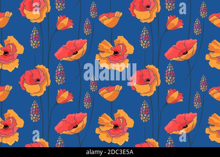 Art floral vector seamless pattern. Red, yellow flowers. Stock Vector