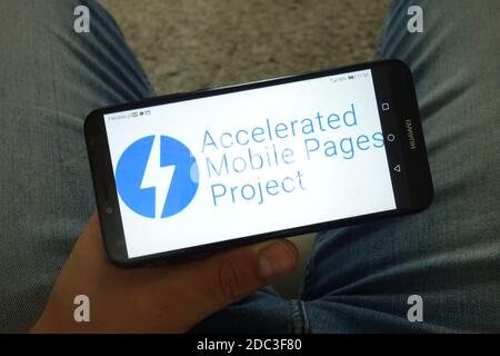 KONSKIE, POLAND - June 29, 2019: AMP Project logo displayed on mobile phone Stock Photo