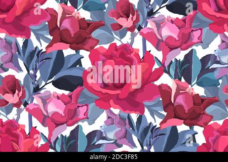 Vector floral seamless pattern. Burgundy garden roses. Stock Vector