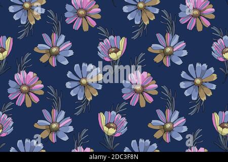 Vector floral seamless pattern. Pink and blue flowers, Stock Vector