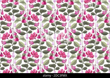 Vector floral seamless pattern with pink butterflies, pink and purple flowers. Stock Vector