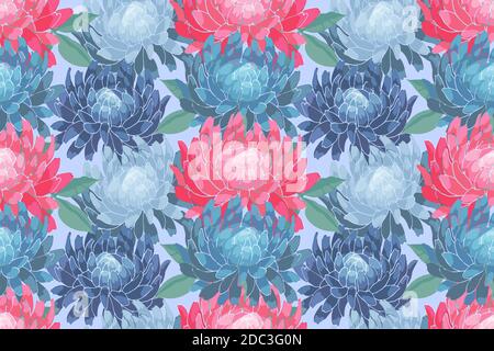 Art floral vector seamless pattern. Pink, blue asters, chrysanthemums.  Stock Vector
