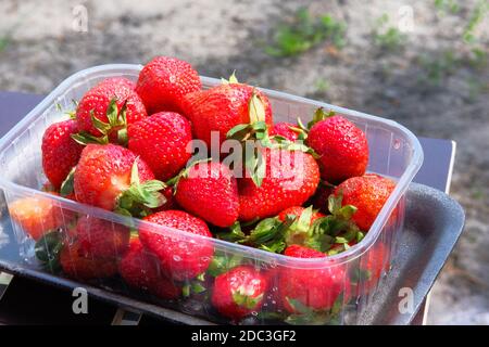 Strawberry in shop plastic box on wooden background. Useful berries with lots of vitamins and microelements. Healthy vegetarian foods. Close up. Stock Photo