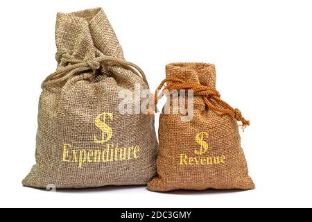 Two cloth sacks with the imprint Expenditure, Revenue,  with dollar signs Stock Photo