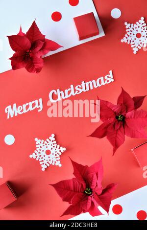 Text Merry Christmas. Poinsettia, snowflakes, red white paper confetti. Top view, monochrome design Stock Photo