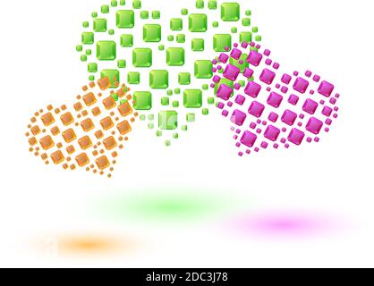 colored hearts made of smal square crystals. green, orange, purple Stock Vector