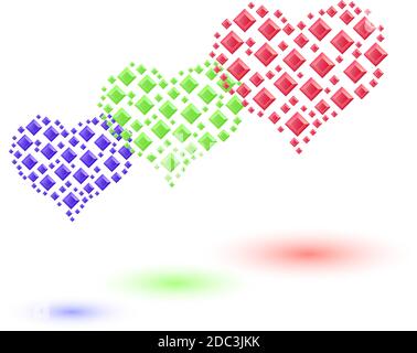 colored hearts made of small  crystals. blue, red. green Stock Vector