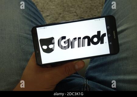 KONSKIE, POLAND - June 29, 2019: Grindr dating application logo displayed on mobile phone Stock Photo