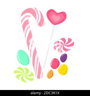 Candy collection with sweets heart shaped lollipop, candy cane, caramel and chocolate colored pebbles, isolated on white background Stock Vector