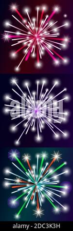 set of colorful fireworks on different backgrounds Stock Vector