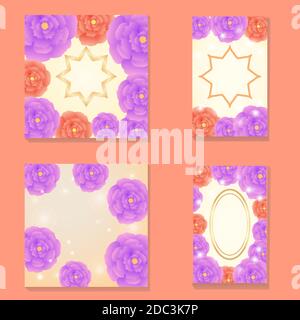 square and rectangular cards with the image of multi-colored stylized peonies Stock Vector