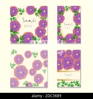 square and rectangular cards with the image of multi-colored stylized peonies: pink, purple, blue, red. Stock Vector