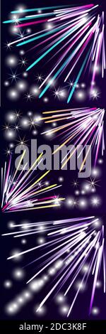 set of neon colorful fireworks with stars and sparks Stock Vector