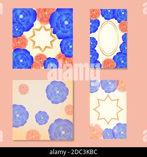 square and rectangular cards with the image of multi-colored stylized peonies: pink, purple, blue, red. Stock Vector