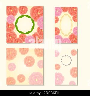 square and rectangular cards with the image of multi-colored stylized peonies: pink, purple, blue, red. Stock Vector