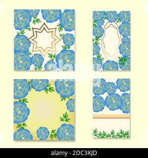 square and rectangular cards with the image of multi-colored stylized peonies: pink, purple, blue, red. Stock Vector