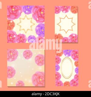 square and rectangular cards with the image of multi-colored stylized peonies Stock Vector
