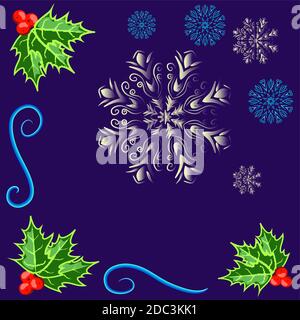 Christmas card with frosty patterns, snowflakes and holly leaves on violet Stock Vector