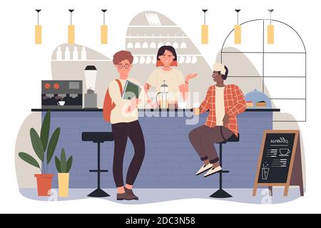 People on bar pub vector illustration. Cartoon woman bartender character working in coffeehouse, standing at bar counter, barista making hot coffee for clients, happy guys friends meeting background Stock Vector