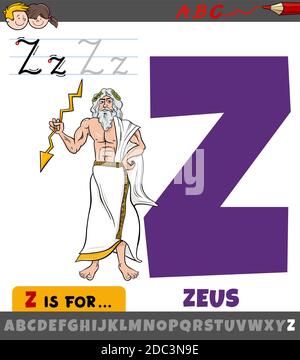 Educational cartoon illustration of letter Z from alphabet with Zeus mythological Greek god for children Stock Vector