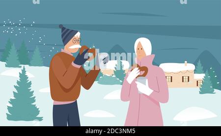 Elderly couple people enjoy Christmas winter holiday season vector illustration. Cartoon snow xmas winter landscape and senior man woman wearing warm clothes, drinking hot cocoa or coffee background Stock Vector