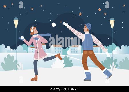 Couple people play snowballs at night on Christmas eve vector illustration. Cartoon happy man woman characters playing snowballs winter games, running in Christmas snow urban landscape background Stock Vector