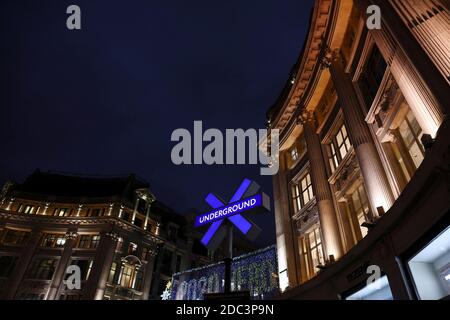 Sony Playstation 5 branding is displayed outside the Oxford  Circus underground on the platform of the tube station, in London, Britain, November 18, 2020. REUTERS/Simon Dawson