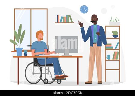 Disabled character working in business office vector illustration. Cartoon handicapped worker sitting in wheelchair behind computer and talking with man colleague in workplace room interior background Stock Vector