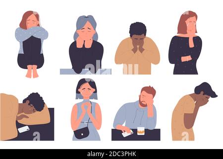 Depressed people vector illustration set. Cartoon sad unhappy stressed characters crying, lonely anxious man woman with mental emotional problem, anxiety stress depression emotion isolated on white Stock Vector