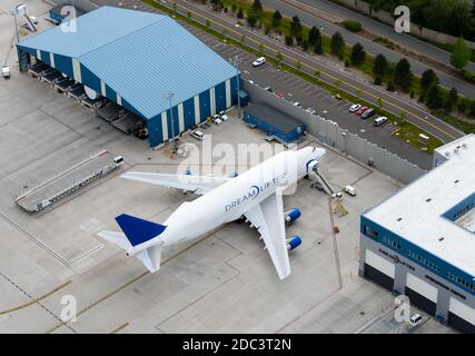 Boeing 747 LCF Dreamlifter airplane Operations Center aerial view at Paine Field, Everett. Dreamlifter Large Cargo Transportation modified aircraft. Stock Photo