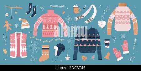 Christmas vector illustration set. Cartoon winter clothing and accessories collection, sweater knitwear with various ornaments, warm hat and mittens, socks and festive decoration for Christmas tree Stock Vector