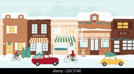 Winter city street vector illustration. Cartoon Christmas eve cityscape with festive decorated shops and cafe houses under snow, cyclists and cars carrying decor Christmas trees and gifts background Stock Vector