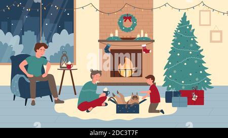 Family people at home in Christmas winter holiday vector illustration. Cartoon happy father mother and boy child play with cat in Christmas fireplace room interior with Xmas New Year gifts background Stock Vector