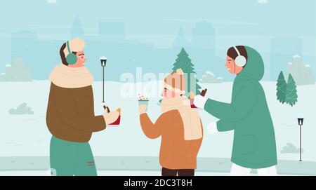Family people drinking hot winter drinks in winter snow park landscape vector illustration. Cartoon mother, father and son boy child holding Christmas mulled wine and cocoa glasses in hands background Stock Vector