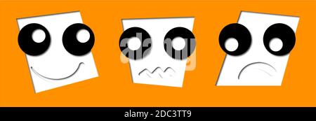 set of three smileys of emotions - smiling, neutral and upset. Eyes and mouths on paper isolated. Quality and feedback conceptual eps10 vector image. Stock Vector