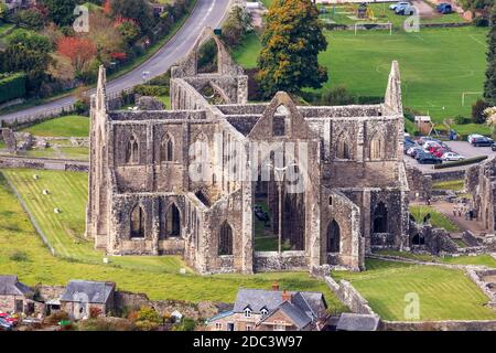 Looking down on Tintern Abbey in the Wye Valley from the Devil's Pulpit on Shorn Cliff, Tidenham Chase, Gloucestershire UK Stock Photo