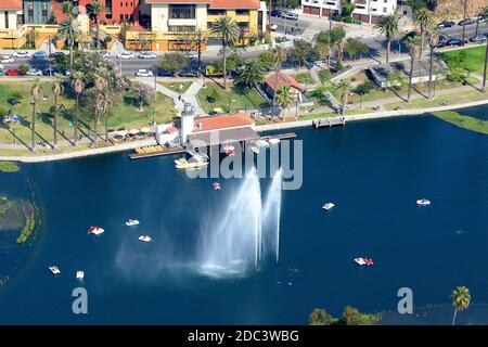 Swans paddle boats at Echo Lake Park aerial view in Los Angeles, CA, USA. Echo Park Lake with Swan paddle boat. Stock Photo