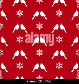 seamless winter pattern with white snowflakes and red birds cardinals. vector flat Christmas ornament on red background. winter holiday texture. Stock Vector