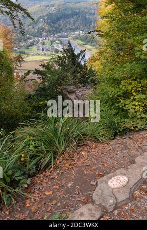 Looking down on Tintern Abbey in the Wye Valley from the Devil's Pulpit on Shorn Cliff, Tidenham Chase, Gloucestershire UK Stock Photo