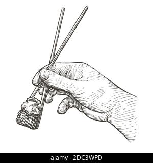 Hand holding sushi roll with chopsticks. Japanese food sketch vector Stock Vector